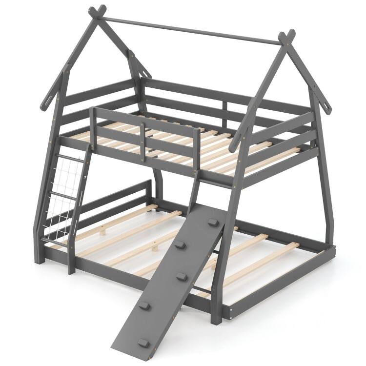 Twin Over Queen Bunk Bed Wooden Kids Bed with Climbing Nets and Ramp - Grey