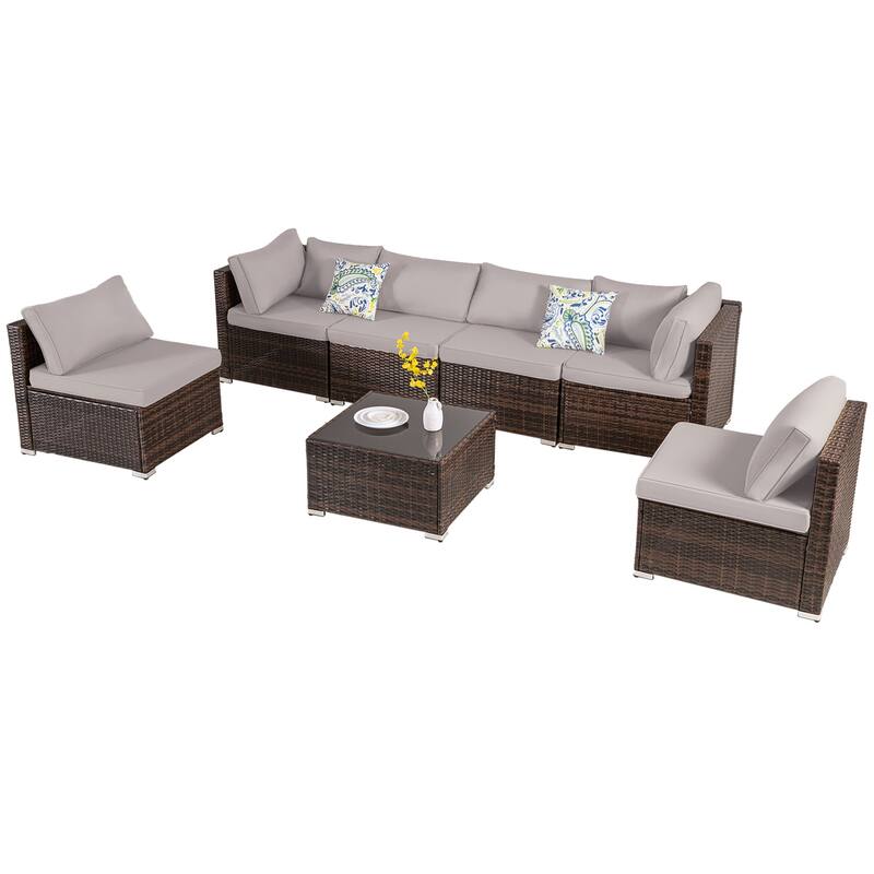 7-PC Wicker Patio Conversation Set with Brown Cushions, 6 sofas, 1 table