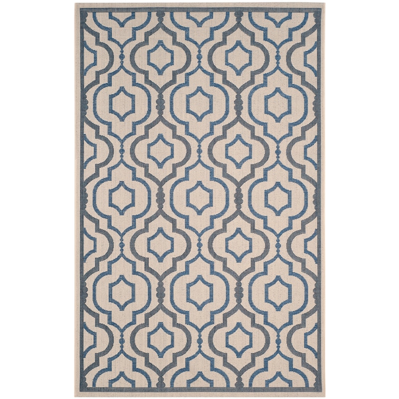 SAFAVIEH Courtyard Oyvor Indoor/ Outdoor Waterproof Patio Backyard Rug - 4' x 5'7" - Beige/Navy