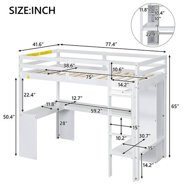 dimension image slide 0 of 2, Wood Loft Bed Frame with Storage Shelves,1 Cabinet and 2 Drawers,L-shaped Desk,Full Size