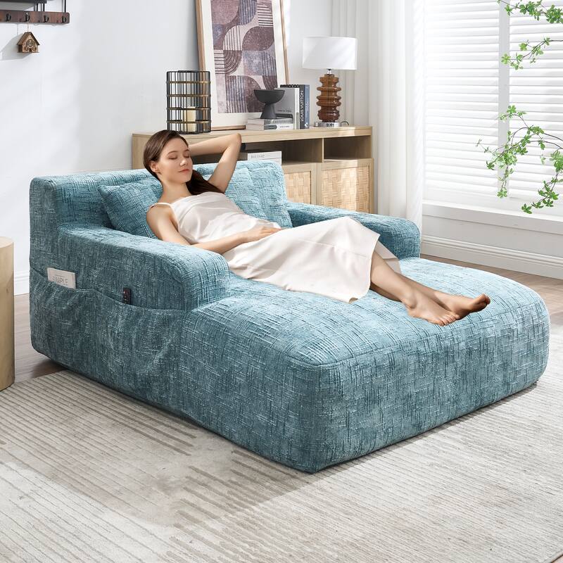 Chenille Interior Lazy Sofa Chaise Longue Armchair With Three Pillows And Armrestssleeping Sofa Bed - Mint Blue