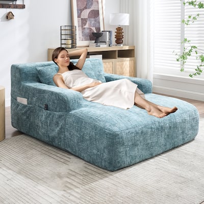 Chenille Lazy Sofa Chaise Lounge with Pillows - Convertible Armchair with Armrests, Multi-Position Sleeper for Living Room