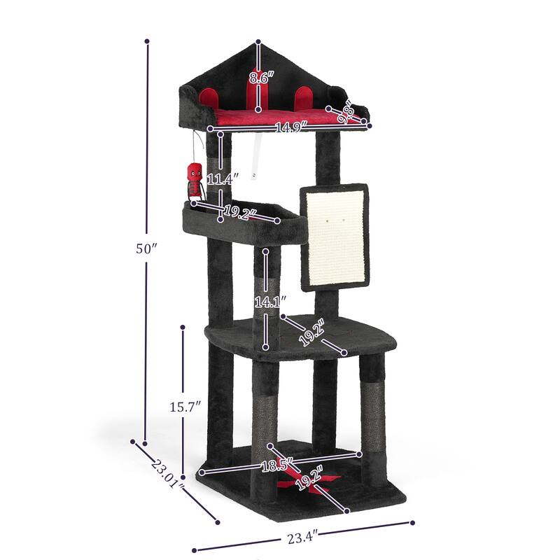 49" Gothic Cat Tree with Throne Bed and Coffin Perch Scratching Posts and Hanging Toy for Cats