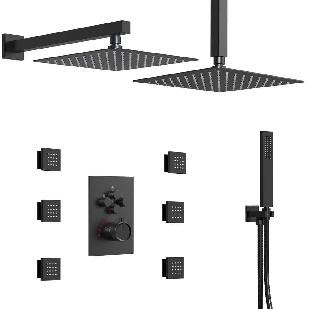 Thermostatic Dual Shower Head System ,12" High-Pressure Rainfall Shower Faucet with 4-Function Sprays