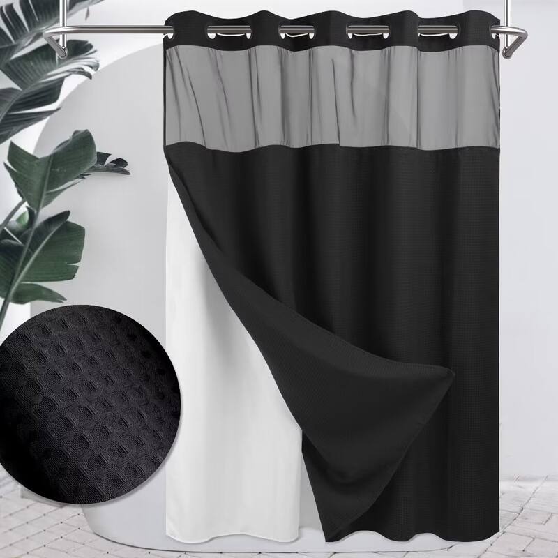 No Hook Waffle Weave Shower Curtain with Snap-in Liner - 71"Wx74"L - Black