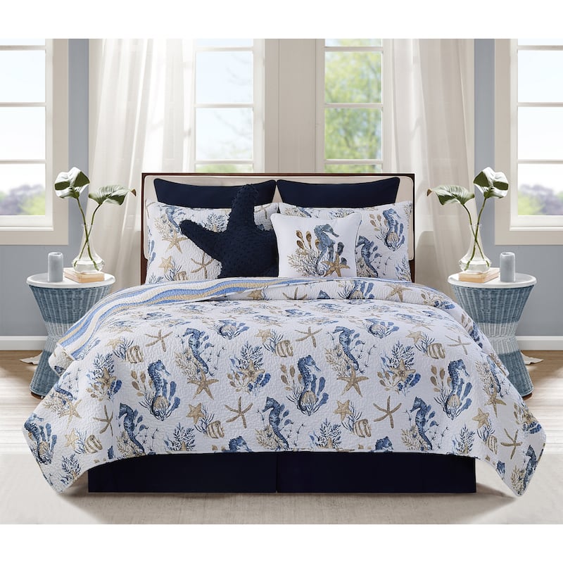 Seahorse Sands Coastal Cotton Reversible Machine Washable Quilt Set