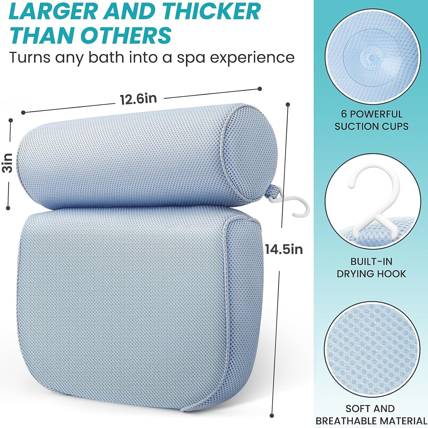 Bath Pillow Bathtub Pillow with 6 Non Slip Suction Cups for Head Neck and Back Support