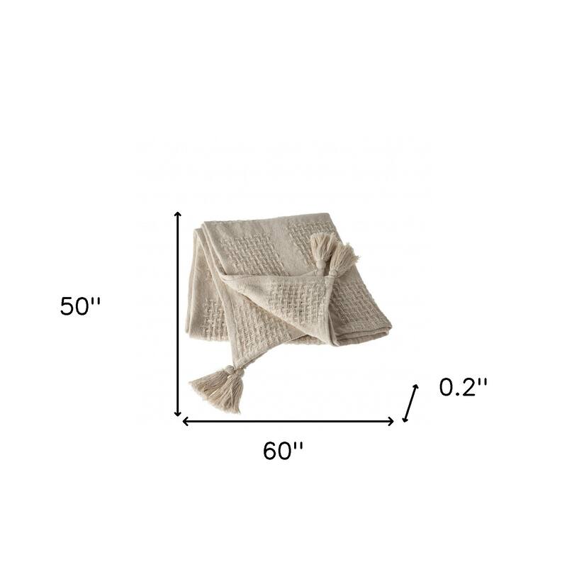HomeRoots 50" X 60" Cream Cotton Woven Throw Blanket with Tassels