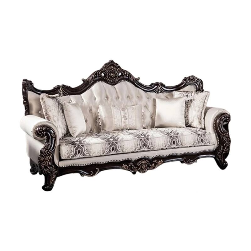 Puhi Sofa w Accent Pillows, Beige Fabric, Ornate Carved Wood, 95 Inch