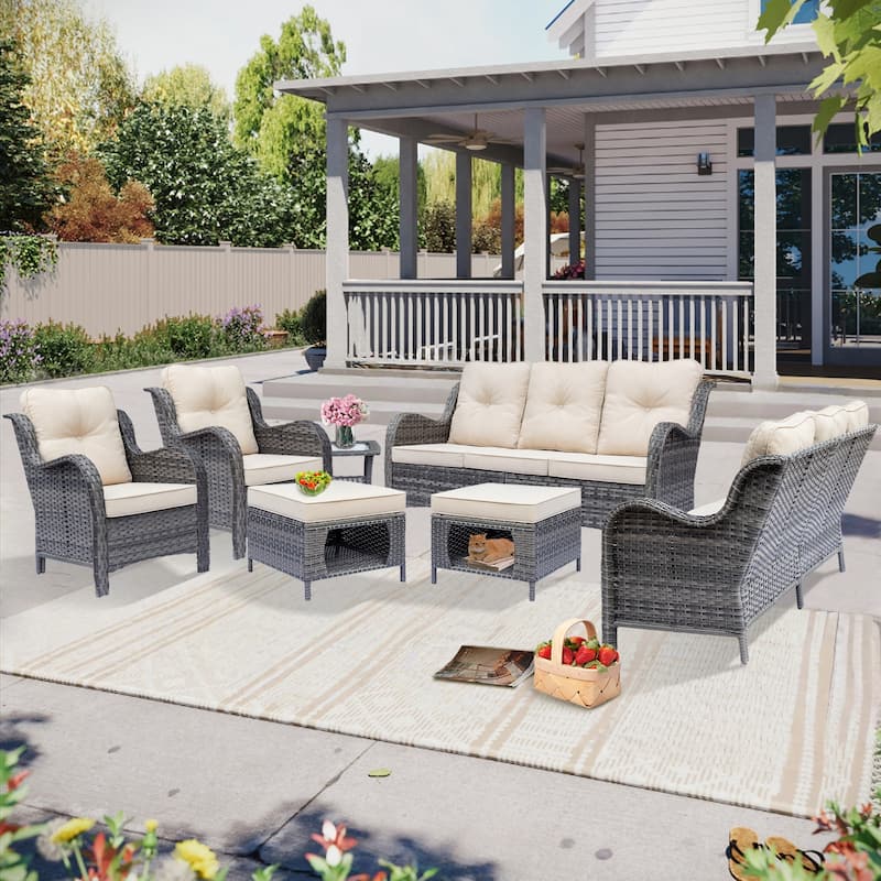High Back Gray Wicker Outdoor Patio Furniture Sofa Seating Set with Cushions - 7-Piece - Beige