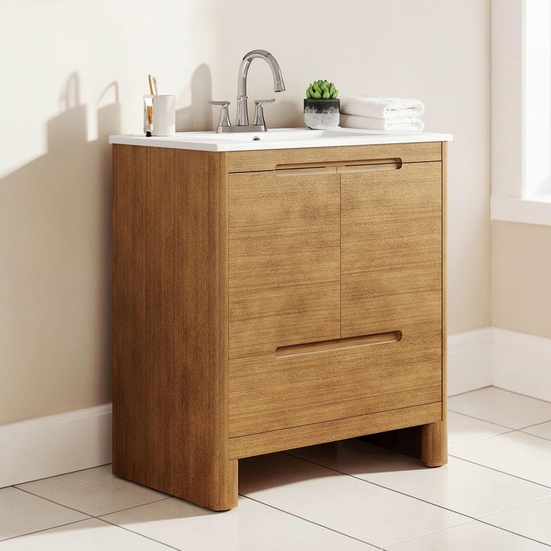 30 Inch Modern Bathroom Vanity with Ceramic Sink, Natural Wood Grain Cabinet, Solid Wood Frame