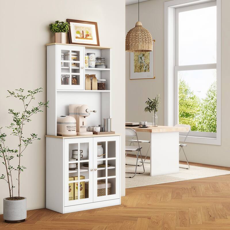 72" Freestanding Storage Cabinet with Hutch, Large Countertop, Glass Doors and Adjustable Shelves
