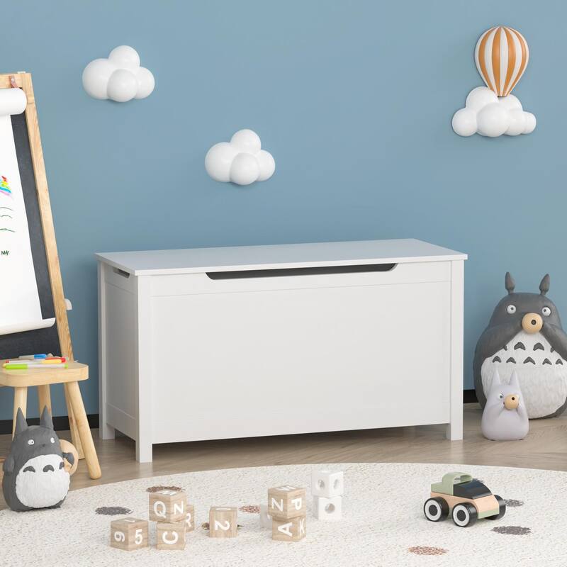Kids Wooden Toy Box Storage with Safety Hinged Lid(White)