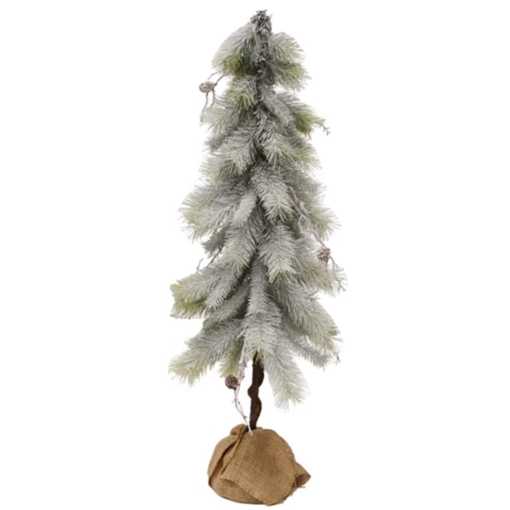 Snowy Bristle Pine and Boughs Tree with Burlap Base Rustic Flocked Green Needles Pinecones