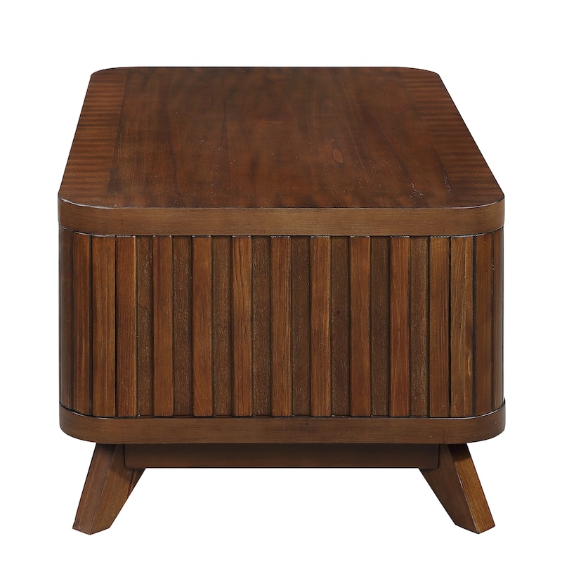 Solid Wood Coffee Table Rectangular Center Table with Open Storage Shelf, Smooth Curved Edge and Vertical Groove Design