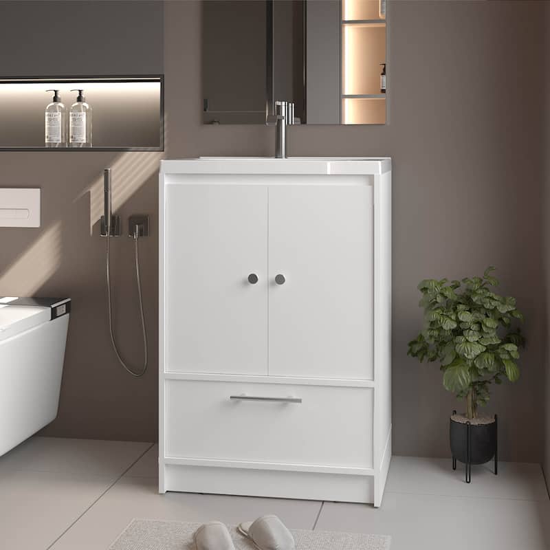 Freestanding Bathroom Vanity with Sink, Two Doors and Bottom Drawer, White - White