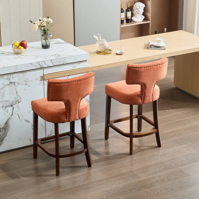 Counter Height Bar Stools Set of 2, Farmhouse Linen Fabric Upholstered Accent Chair Curved Backrest with Copper Nails around