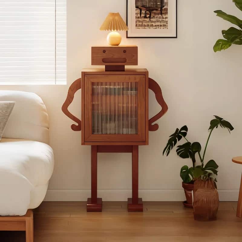 Solid Wood Robot End Table, Accent Wine Cabinet with 2 Drawers