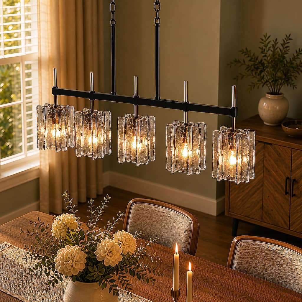 Kasy Modern 5-Light Linear Chandelier Textured Glass Unique Kitchen Island Light