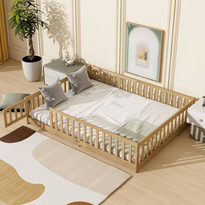 Floor Bed with Fence,Door and Safety Guardrails,Perfect for Kids' Play,Sleep and Development