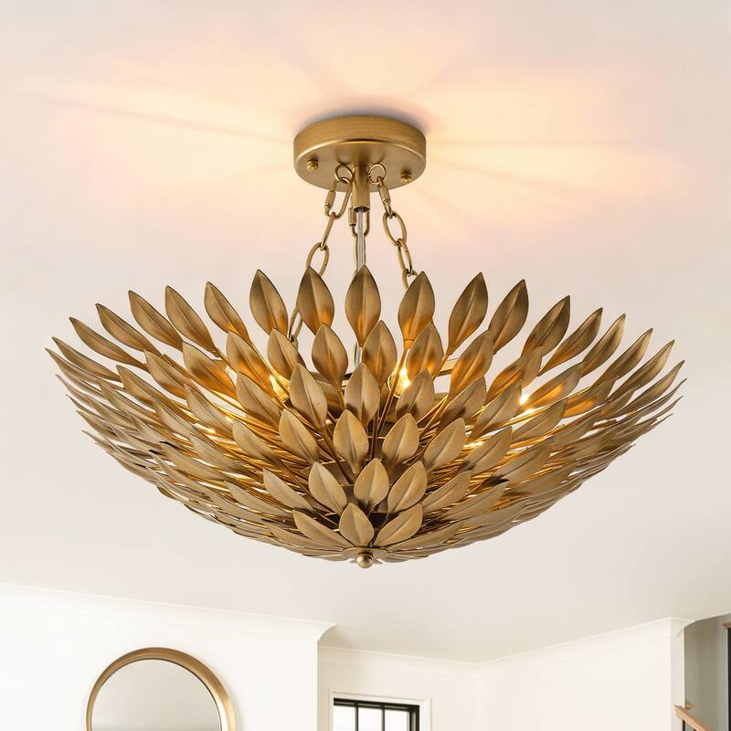 Antique Gold 6-Light Olive Leaf Convertible Chandelier Light - 22.05"W x 24.8"H