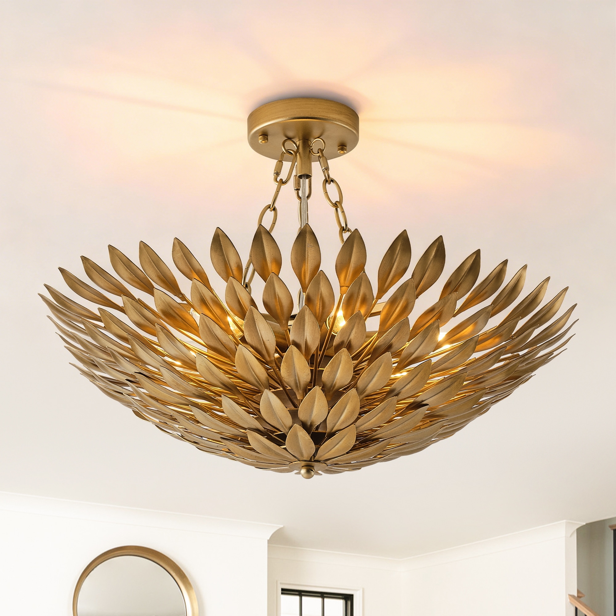 22" Antique Gold Vintage Metal Olive Leaf Convertible Chandelier Ceiling Light for Living Room - 22.05"W x 24.8"H