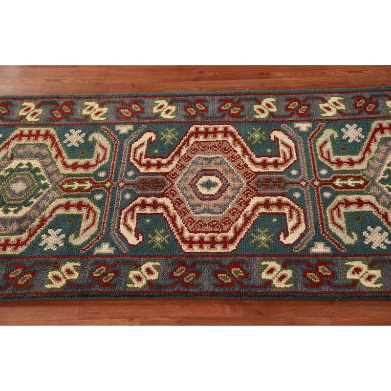 Hand Knotted Oriental 100% Wool Carpet Traditional Geometric Navy Blue & Blues Kazak Runner Rug - 9' 8'' X 2' 6''