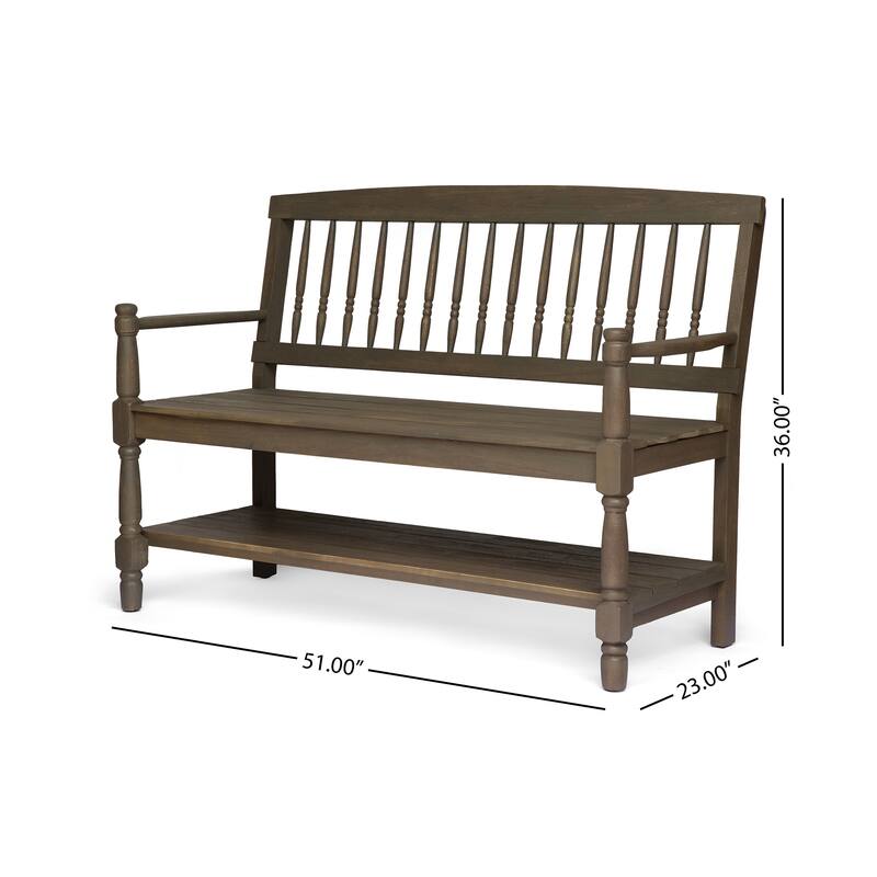 Roomfitters Wooden Outdoor Patio Bench with Slatted Backrest, Armrests, and Storage Shelf