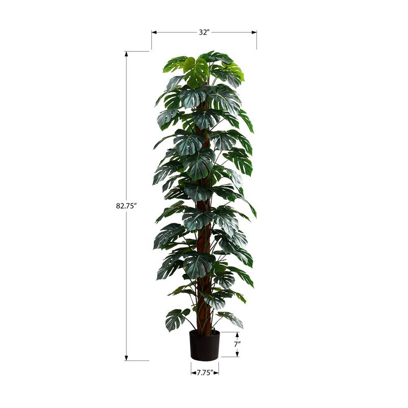 Artificial Plant, 83" Tall, Monstera Tree, Floor, Indoor, Decorative, Green Leaves, Black Pot