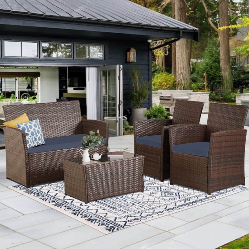 4-Piece Wicker Outdoor Sofa Set, 1 Loveseats, 2 Single Sofas, 1 Table - Blue