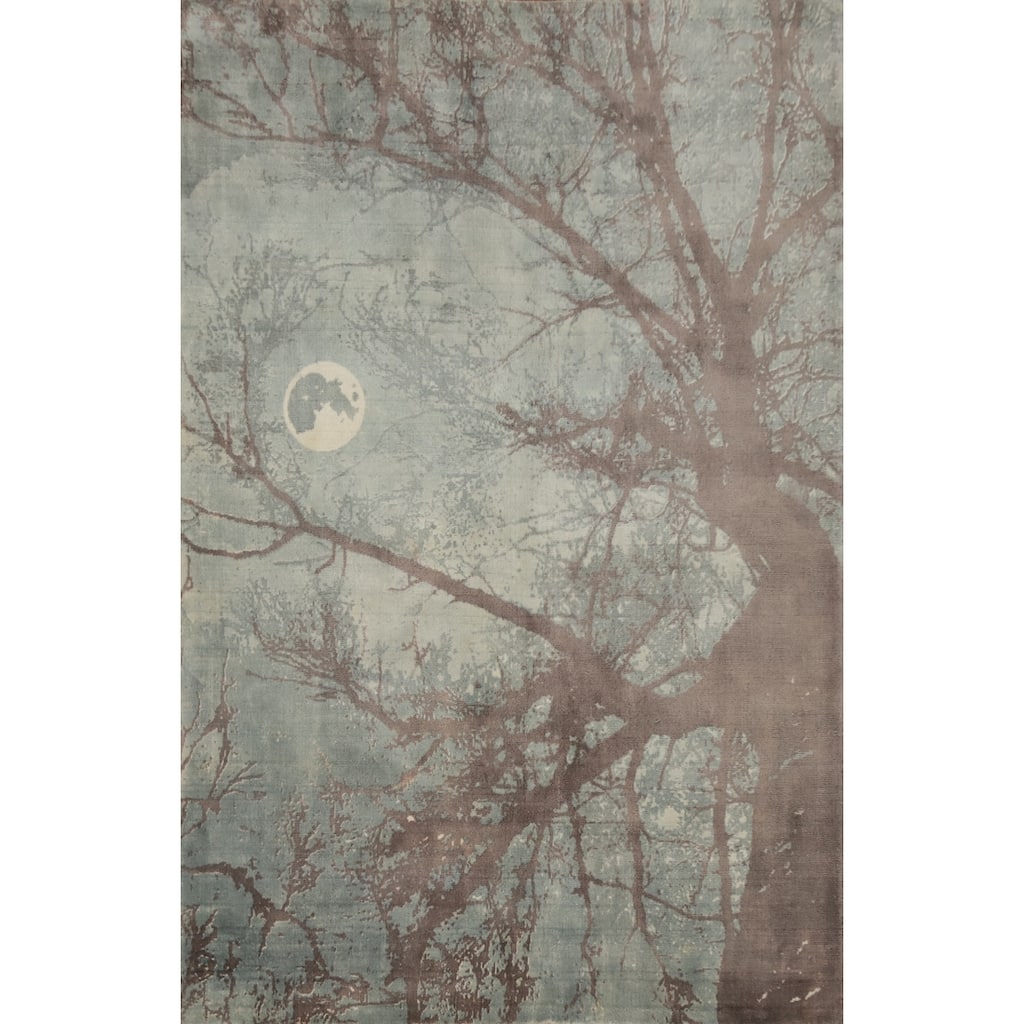 Hand Knotted Oriental Viscose Silk Carpet Modern Pictorial Green Abstract Area Rug - 7' 3'' X 5' 3''