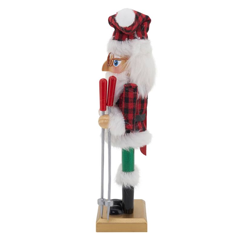 Skier Nutcracker Decoration With Buffalo Plaid Design
