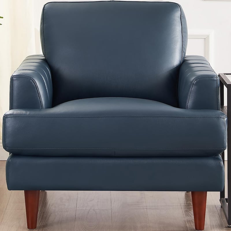 Ivy Living Cassia Top Grain Leather Chair With Feather, Memory Foam and Springs - Navy Blue