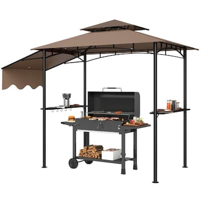 Brown Grill Gazebo with Powder-Coated Metal Frame Adjustable Height Awning Double Top - 95.3" L x 58.7" W x 97.6" H
