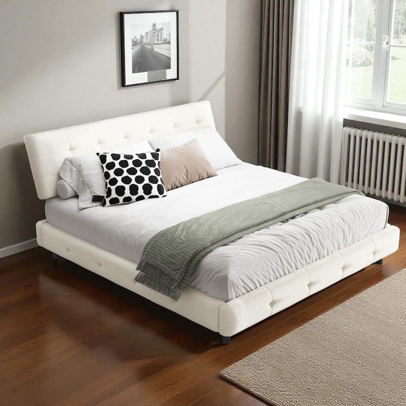 Queen/King Size Upholstered Bed with Oversized Cloud Tufted Headboard, Chenille Platform Bed Frame with Metal & Wood Slats