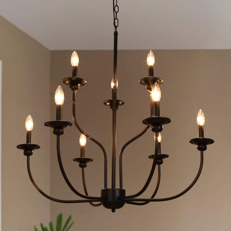 Modern Farmhouse 9-Light Classic Black Chandelier for Dining Room