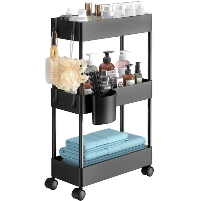 Slim Storage Cart with Wheels - 7.1 x 15.8 x 26.4 inches - 7.1 x 15.8 x 26.4 inches - Black