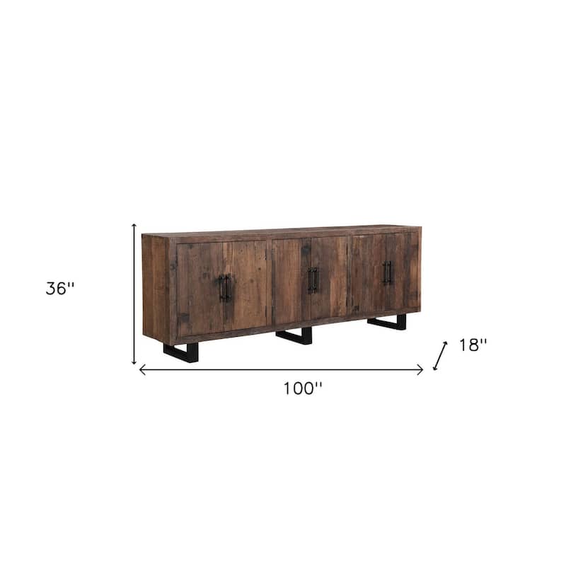 HomeRoots 100" Dark Brown Distressed Reclaimed Wood Sideboard with Six Doors - 100.00 in. x 36.00 in. x 18.00 in.