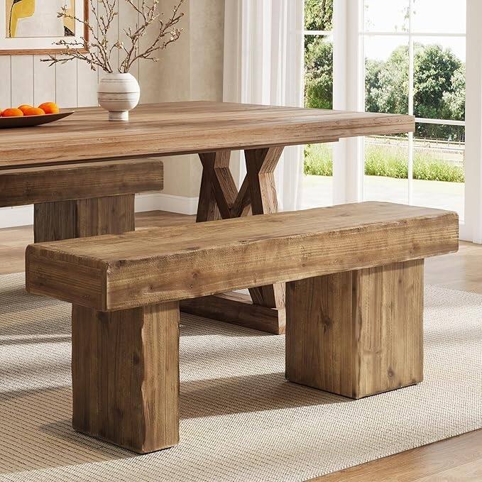 47 Inches Rustic Solid Wood Bench with Artistic Legs for Kitchen, Living Room, End of Bed - Brown