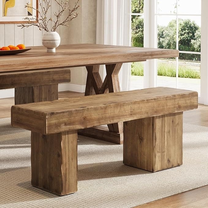 47 Inches Rustic Solid Wood Bench with Artistic Legs for Kitchen, Living Room, End of Bed