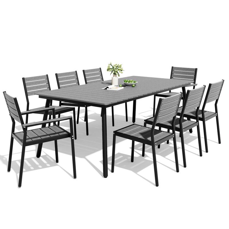 9PC Outdoor Patio Dining Set Aluminum Umbrella Hole Table with Stackable Chairs