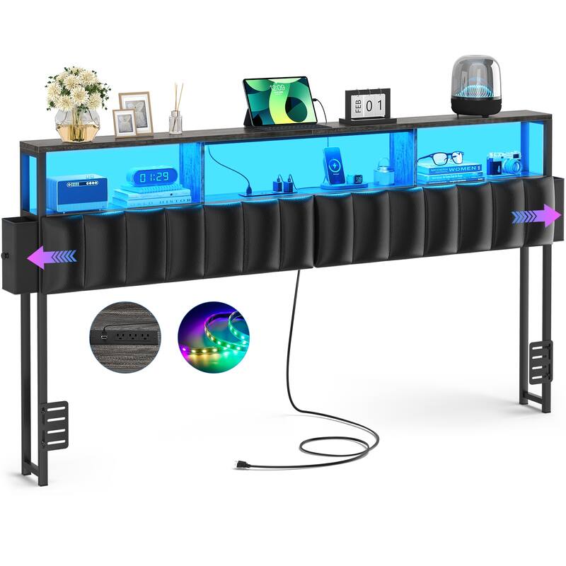 Upholstered Headboard with Hidden Drawer, Head Board with Power Outlet and LED Light