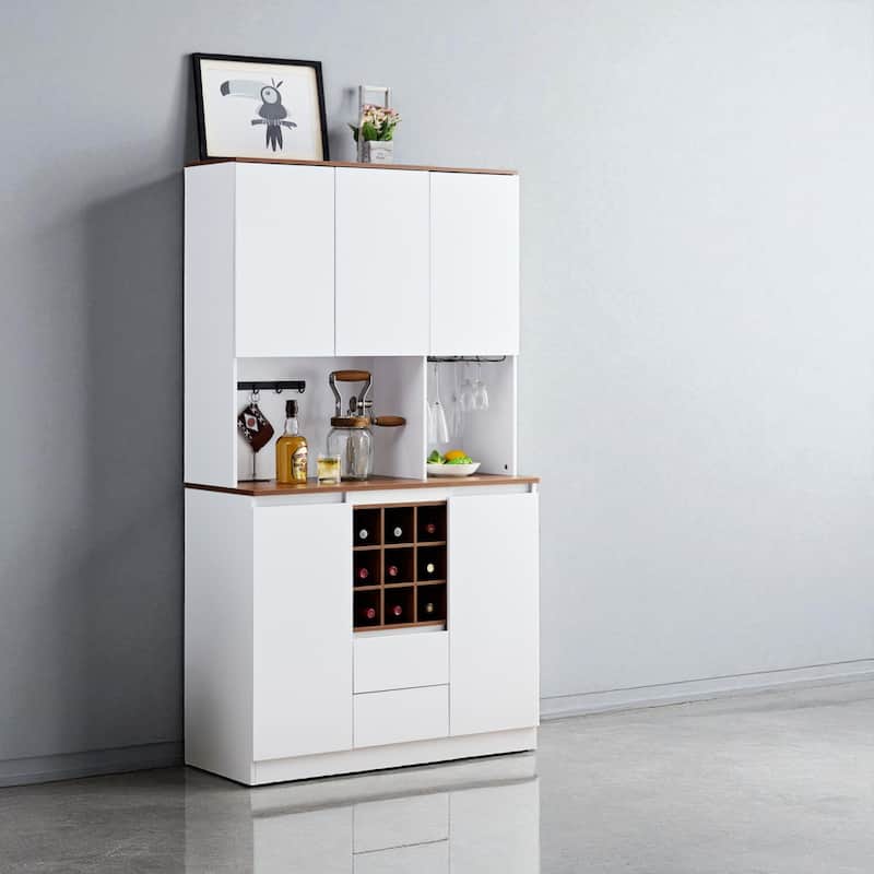 68.9'' Farmhouse Coffee Bar Cabinet with Hutch, Kitchen Buffet and Liquor Cabinet with Wine Rack and Power Outlet - White
