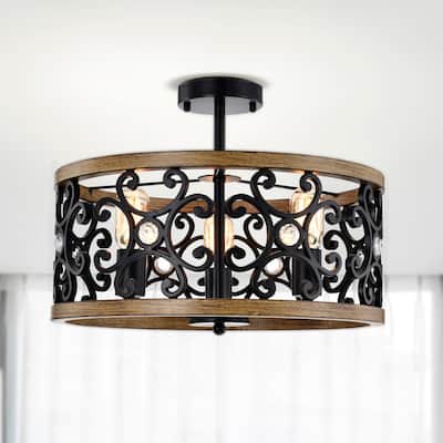 Tase 18 Inch Matte BLack Mid-Modern Semi Flush Mount 3-Light