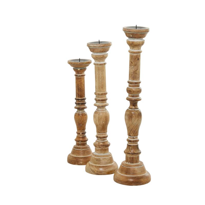 Brown Mango Wood Handmade Candle Holder with Turned Style (Set of 3)