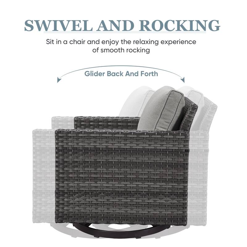 Patio Sofa 2 Swivel Chairs Ottomans and Fire Table Grey-Grey - Grey