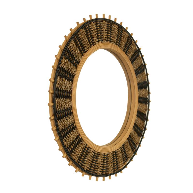 Echo Bamboo Round Art Wall Mirror - Light Yellow & Black Hemp Ropes, Bathroom, Bedroom - Silver,Yellow+Black