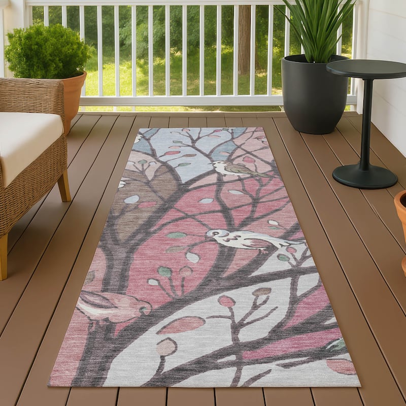 Machine Washable Indoor/ Outdoor Bird Mosaic Chantille Rug - Blush - 2'3" x 7'6"