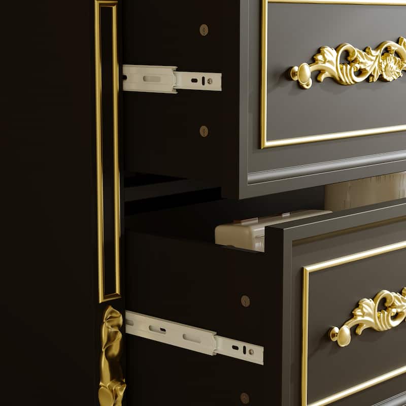 Black & Gold Display Cabinet with Shelves and Drawers, Elegant Glossy Bookcase for Living Room Storage