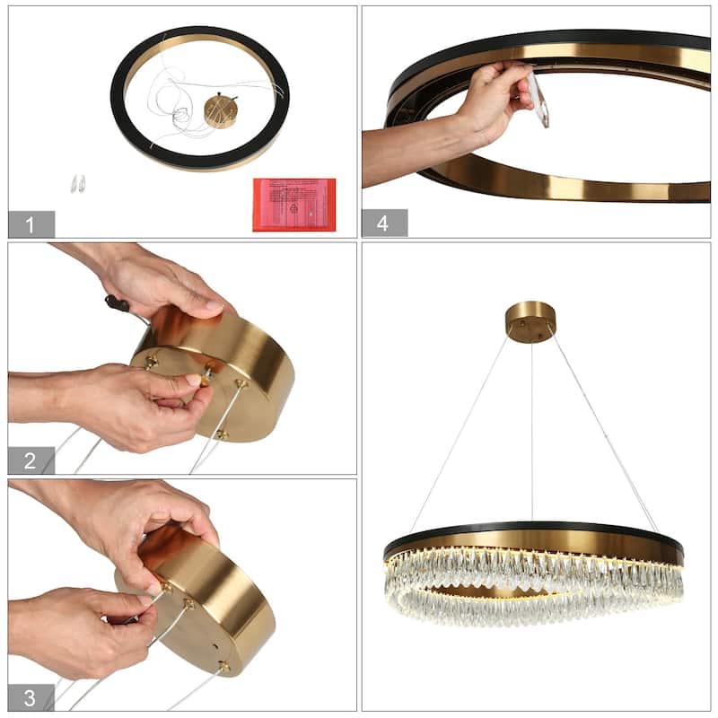 Modern 1-Light LED Crystal Chandelier Black Gold Drum Lights for Living Dining Room - D31.5" x H6"